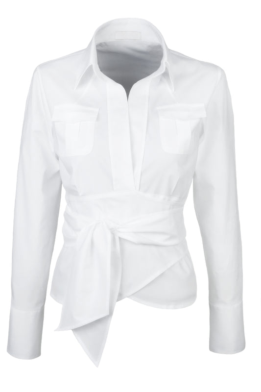 Collared Flap Pocket Long Sleeve Shirt with Waist Knot Detail